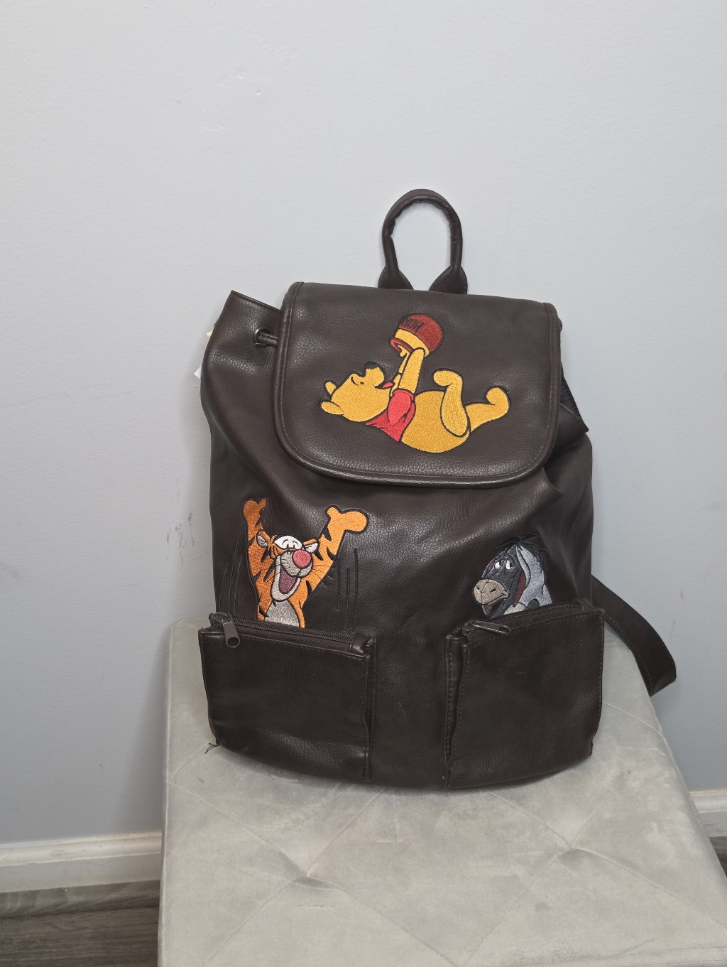 Vintage Disney Brown Winnie The Pooh, Tigger & Eeyore Leather Backpack